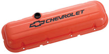 Load image into Gallery viewer, Proform Engine Valve Covers; Stamped Steel; Short; Orange; w/ Bowtie Logo; Fits BB Chevy 141-789