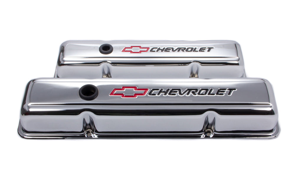 Proform Engine Valve Covers; Stamped Steel; Short; Chrome; w/ Bowtie Logo; Fits SB Chevy 141-899