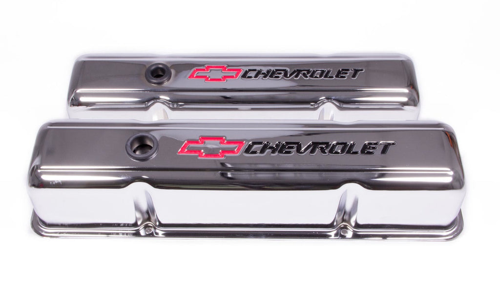 Proform Engine Valve Covers; Stamped Steel; Tall; Chrome; w/ Bowtie Logo; Fits SB Chevy 141-905