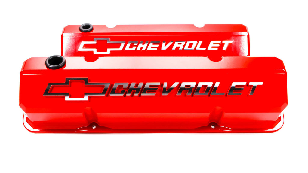 Proform Valve Covers; Slant-Edge Tall; Die Cast; Red w/ Raised Bowtie Logo; SB Chevy 141-931