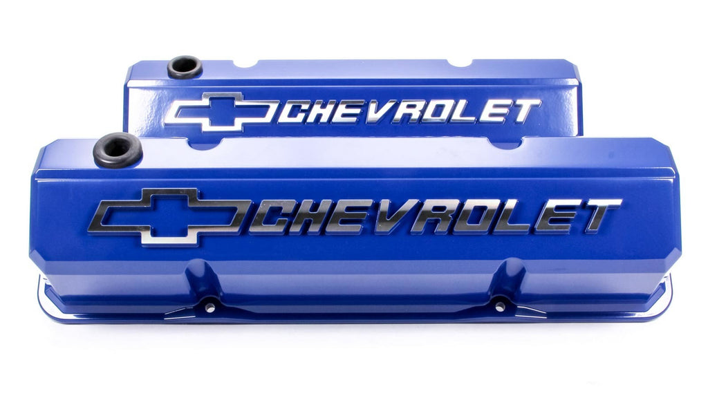 Proform Valve Covers; Slant-Edge Tall; Die Cast; Blue w/ Raised Bowtie Logo; SB Chevy 141-932