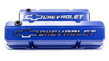 Load image into Gallery viewer, Proform Valve Covers; Slant-Edge Tall; Die Cast; Blue w/ Raised Bowtie Logo; SB Chevy 141-932