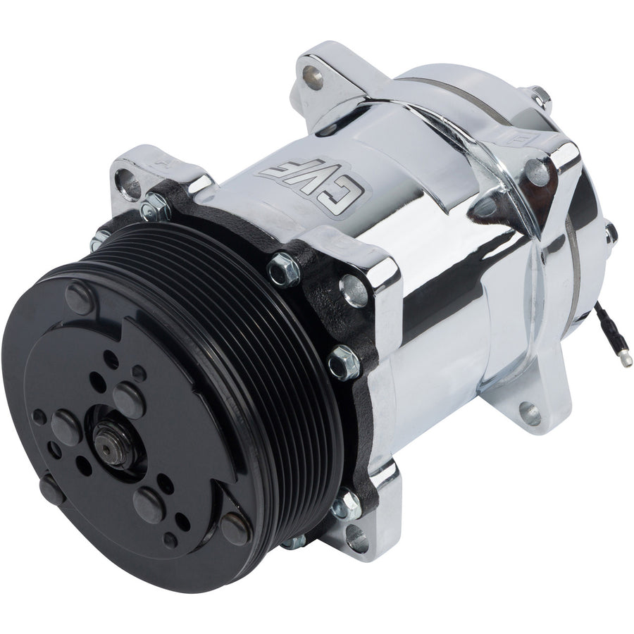 CVF Racing chrome Sanden style AC compressor with 8-rib serpentine pulley, SANDEN-508-134A-C-8RIB