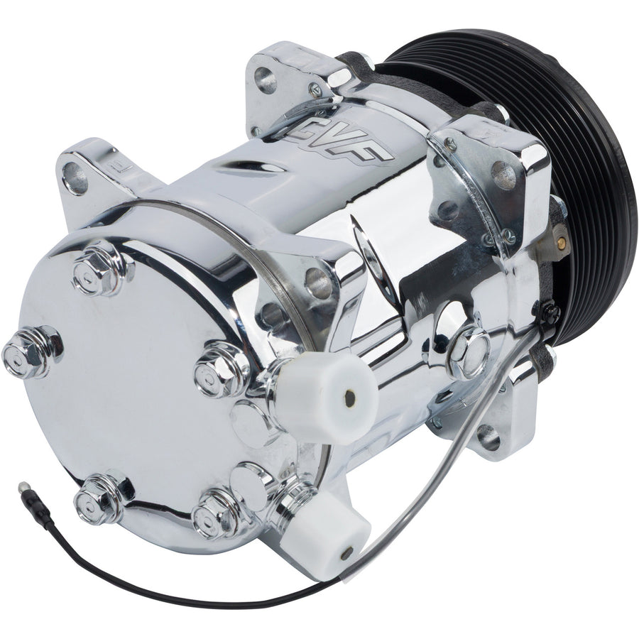CVF Racing chrome Sanden style AC compressor with 8-rib serpentine pulley, SANDEN-508-134A-C-8RIB
