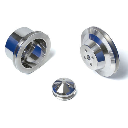 CVF Racing Polished billet V-belt pulley kit for Ford small block, 3-bolt damper, passenger side lower hose, SBFE1KIT