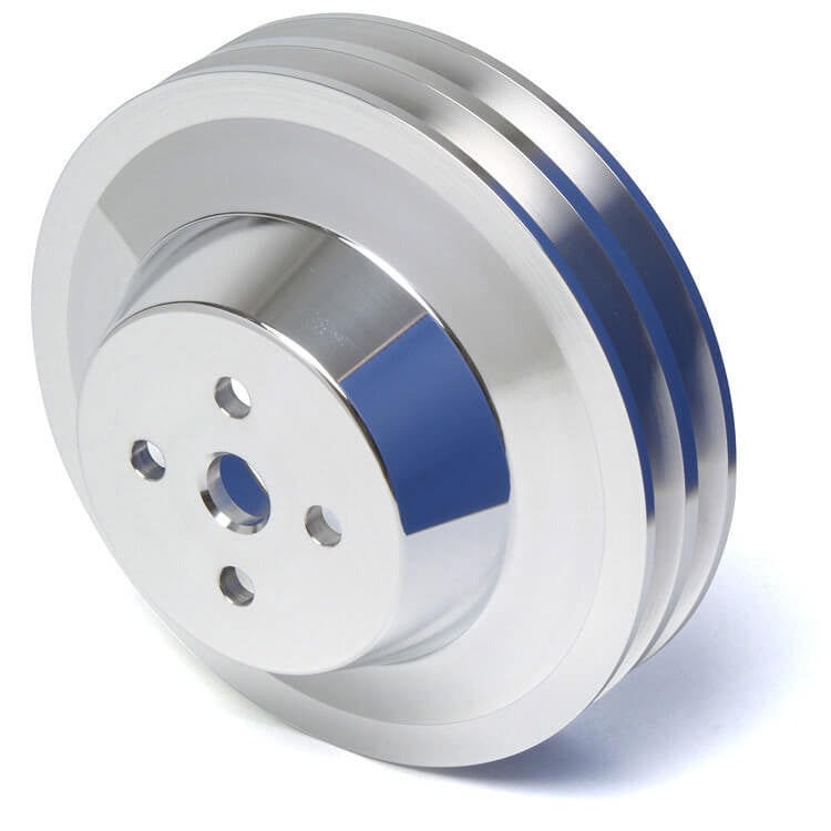 CVF Racing Polished 2-groove billet water pump pulley for Ford 289/302/351W small block, 3-bolt damper, SBFE2WP