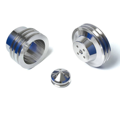 CVF Racing Polished billet V-belt pulley kit for Ford small block, 3-bolt damper, passenger side lower hose, SBFE3KIT