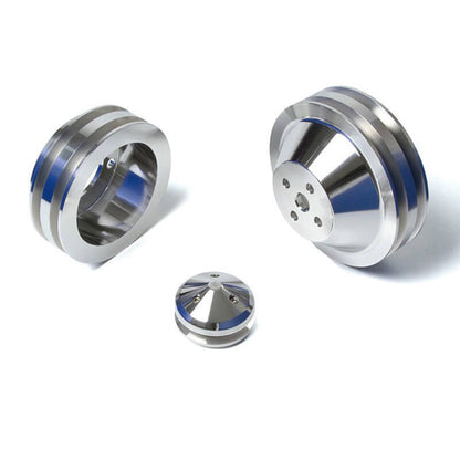 CVF Racing Polished billet V-belt pulley kit for Ford small block, 4-bolt damper, driver's side lower hose, SBFL22KIT