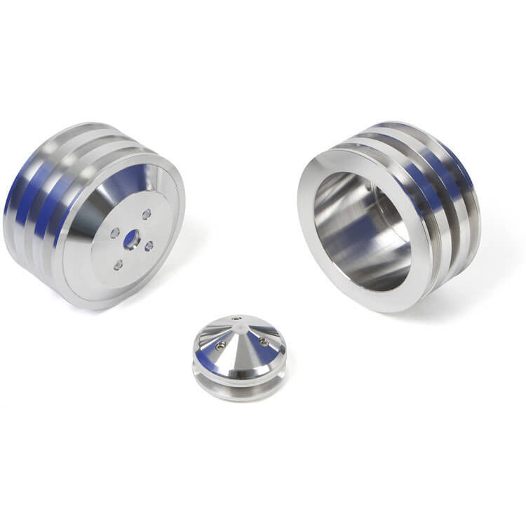 CVF Racing Polished billet V-belt pulley kit for Ford small block, 4-bolt damper, driver's side lower hose, SBFL33KIT-3HF