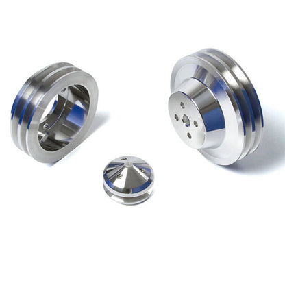 CVF Racing Polished billet V-belt pulley kit for Ford small block, 4-bolt damper, passenger side lower hose, SBFS2KIT