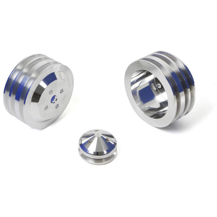 CVF Racing Polished billet V-belt pulley kit for Ford small block, 4-bolt damper, passenger side lower hose, SBFS33KIT-HF