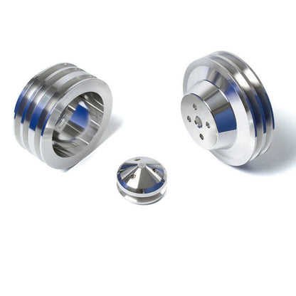 CVF Racing Polished billet V-belt pulley kit for Ford small block, 4-bolt damper, passenger side lower hose, SBFS3KIT