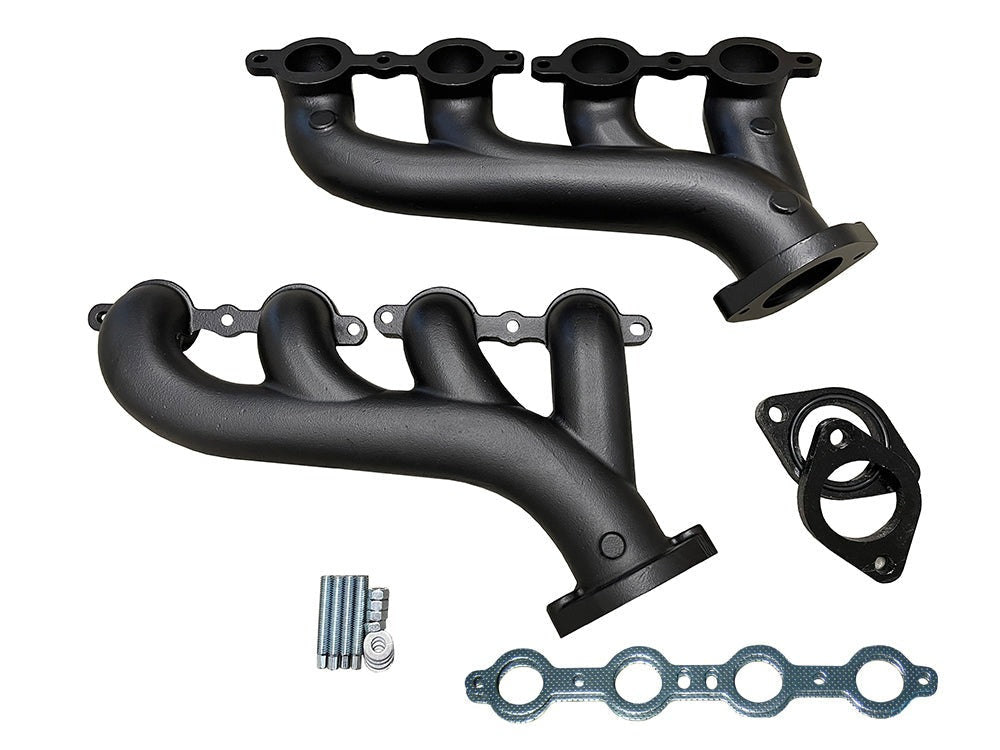 Speed Engineering LS swap black exhaust manifolds Camaro Chevelle Nova C10 K10 OBS truck coated LS manifolds