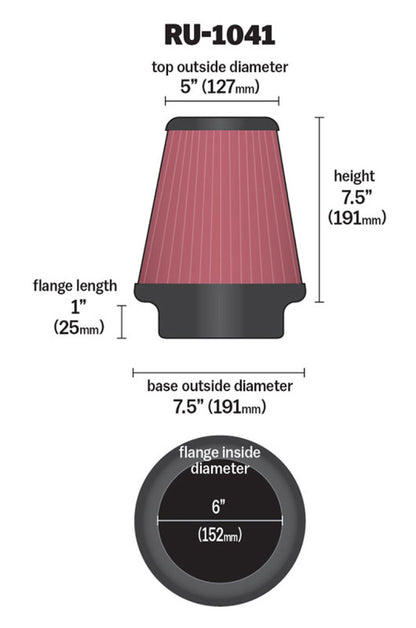 K&N Universal Air Filter | Round Tapered, 6in Flange, 7.5in Tall | RU-1041