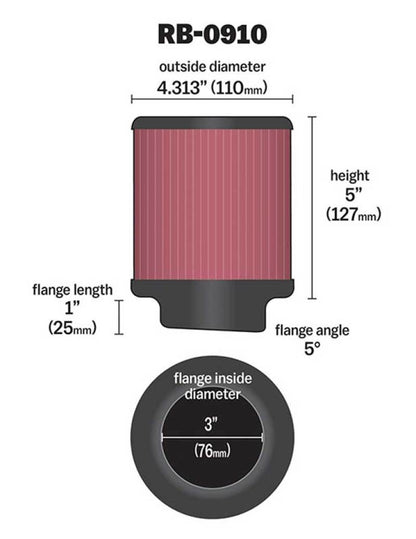 K&N Universal Air Filter | Round, 3in Flange, 5in Tall | RB-0910