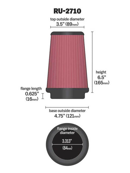K&N Universal Air Filter | Round Tapered, 3.313in Flange, 6.5in Tall | RU-2710