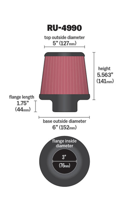 K&N Universal Air Filter | Round Tapered, 3in Flange, 5.563in Tall | RU-4990