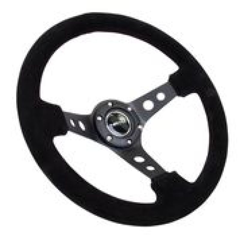 NRG Reinforced Steering Wheel (350mm / 3in. Deep) Blk Suede/Blk Stitch w/Black Circle Cutout Spokes