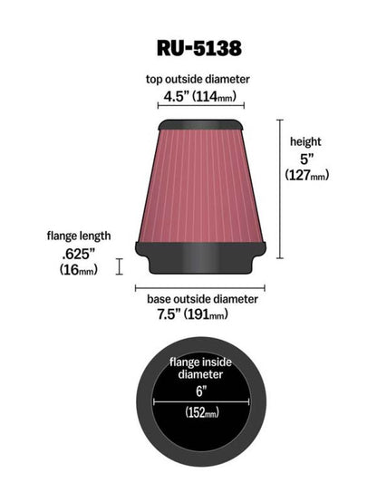 K&N Universal Air Filter | Round Tapered, 6in Flange, 5in Tall | RU-5138