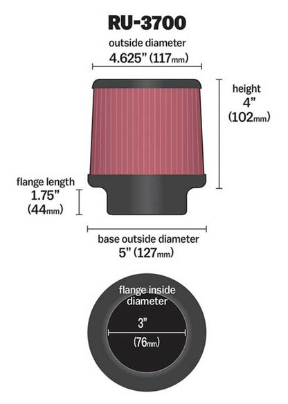 K&N Universal Air Filter | Round Tapered, 3in Flange, 4in Tall | RU-3700