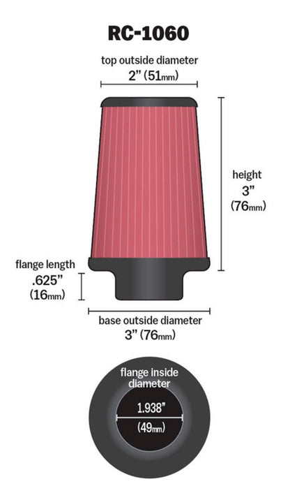 K&N Universal Air Filter | Round Tapered, 1.938in Flange, 3in Tall | RC-1060