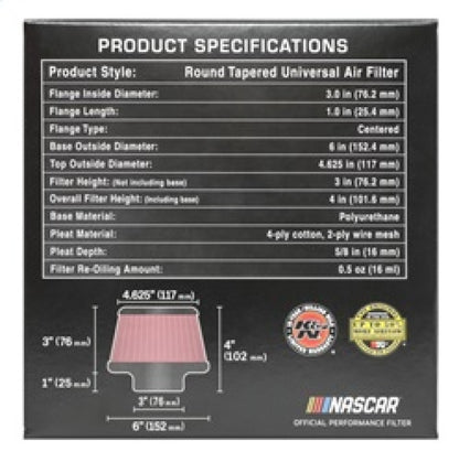K&N Universal Air Filter | Round Tapered, 3in Flange, 3in Tall | RU-5288