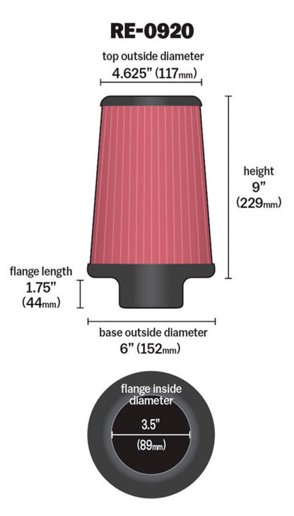 K&N Universal Air Filter | Round Tapered, 3.5in Flange, 9in Tall | RE-0920