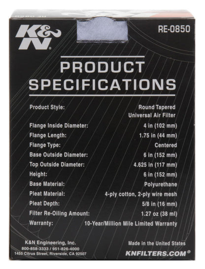K&N Universal Air Filter | Round Tapered, 4in Flange, 6in Tall | RE-0850