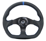 NRG Reinforced Steering Wheel (320mm) Sport Leather Flat Bottom w/ Blue Center/ Blue Stitching