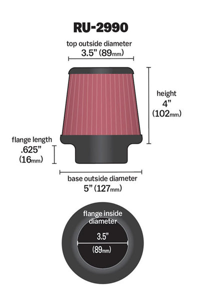 K&N Universal Air Filter | Round Tapered, 3.5in Flange, 4in Tall | RU-2990