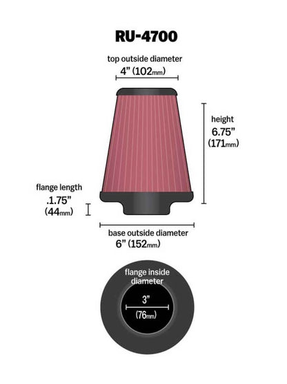 K&N Universal Air Filter | Round Tapered, 3in Flange, 6.75in Tall | RU-4700