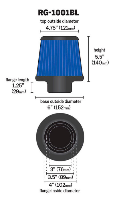 K&N Universal Air Filter | Round Tapered, 4in Flange, 5.5in Tall | RG-1001BL