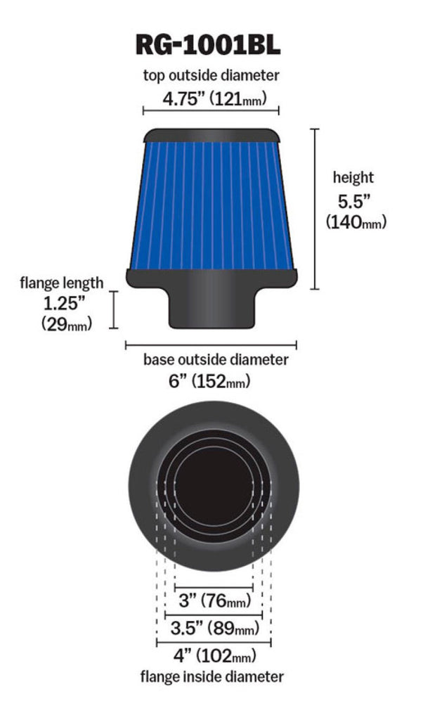 K&N Universal Air Filter Chrome Round Tapered Blue - 4in Flange ID x 1.125in Flange Length x 5.5in H