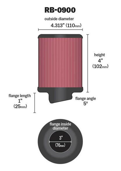K&N Universal Air Filter | Round, 3in Flange, 4in Tall | RB-0900